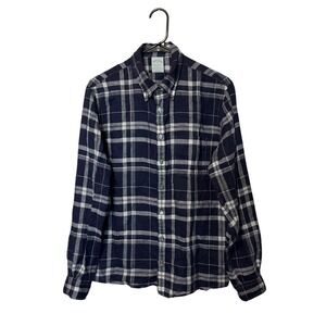 Brooks Brothers Shirt Mens Medium Navy Plaid Baird McNutt Irish Linen Milano